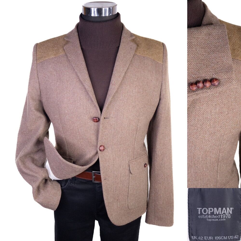 Topman Herringbone Beige Blazer Sport Coat Jacket Size 42R 3-Button Extra Slim